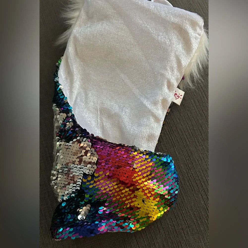Justice Stocking Flip sequins rainbow silver faux fur trim